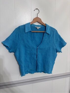 American Eagle Outfitters Turquoise Button-Front Short Sleeve Top